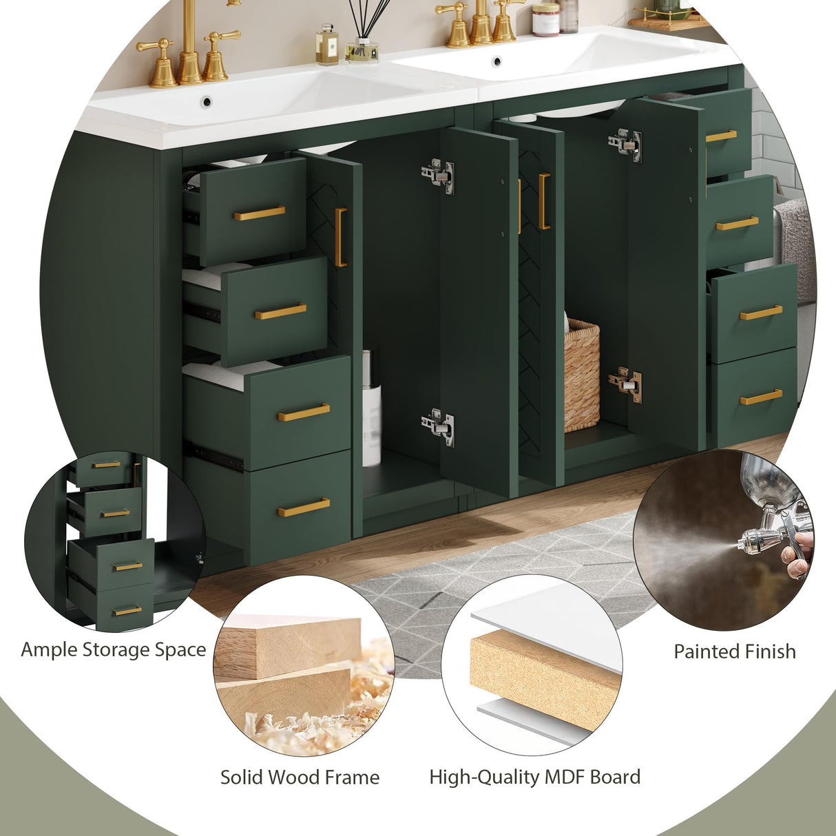 Merax 60" Bathroom Double Vanity with Sink Combo,Freestanding Solid Wood Bathroom Storage Cabinet,Single Sink Bathroom Vanity Set Combo,Green Merax