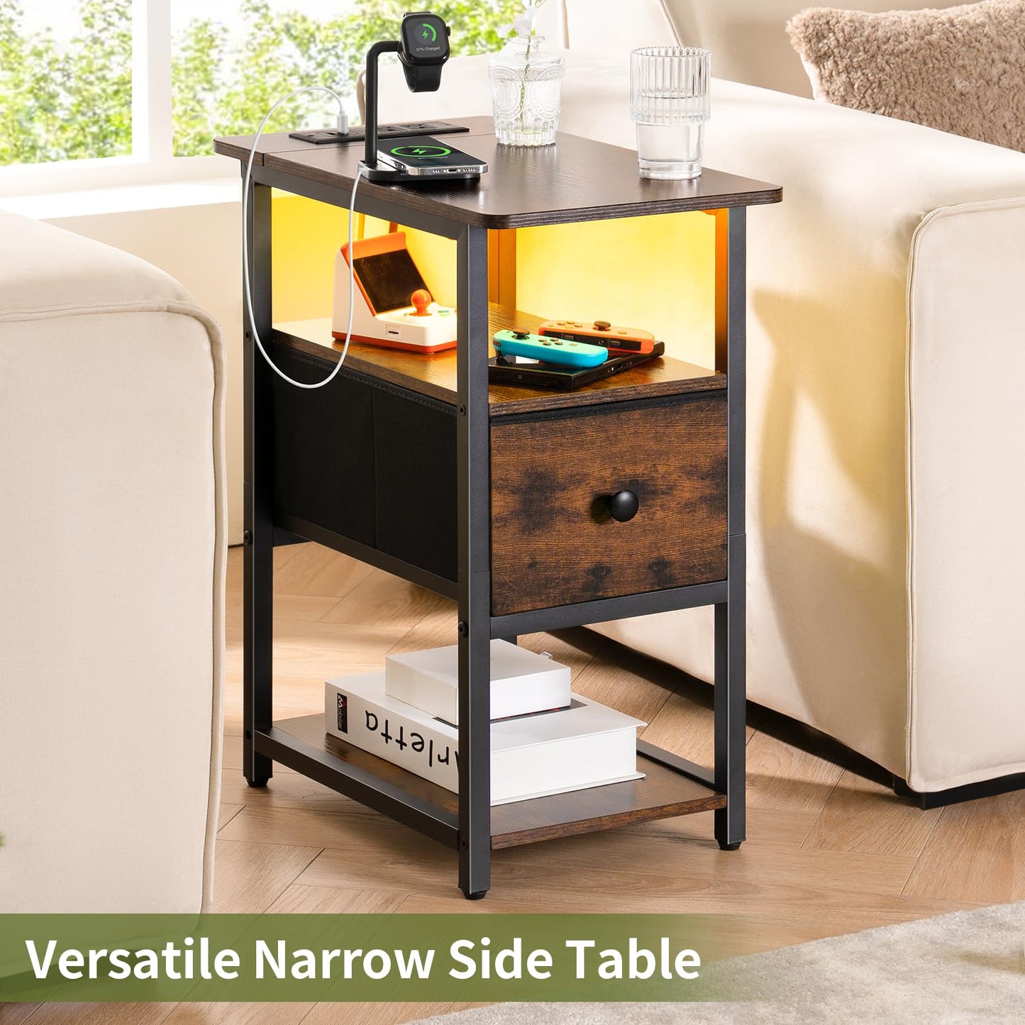 Yoobure End Table with Charging Station, Narrow Side Table with Adjustable Fabric Drawer, 3-Tier End Tables Living Room, Small Nightstand with Outlets, LED Skinny Night Stand for Bedroom Small Spaces