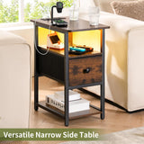 Yoobure End Table with Charging Station, Narrow Side Table with Adjustable Fabric Drawer, 3-Tier End Tables Living Room, Small Nightstand with Outlets, LED Skinny Night Stand for Bedroom Small Spaces Yoobure