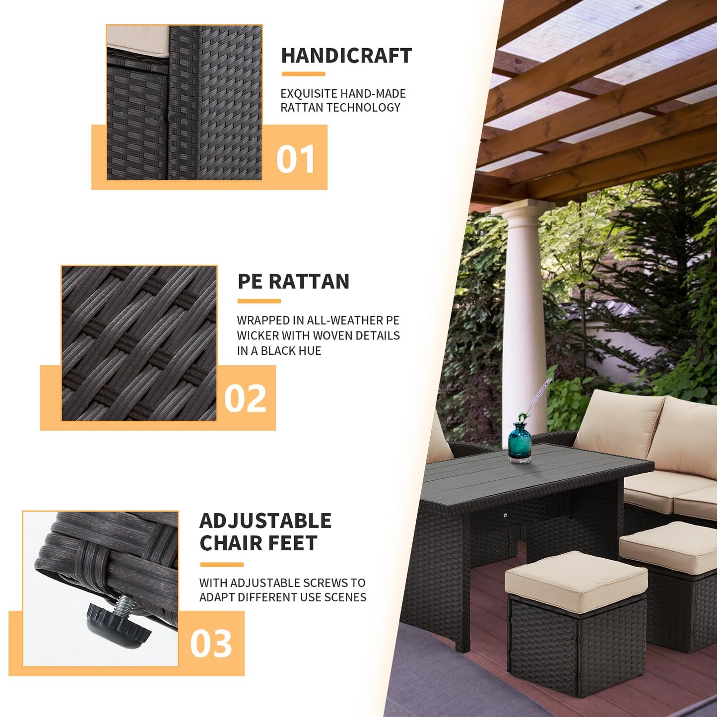 HOMREST 6 Pieces Patio Furniture Sets Clearance, Patio Dining Sofa Set Outdoor Sectional Sofa Conversation Set All Weather Wicker Rattan Couch Dining Table & Chair (Beige) - WoodArtSupply