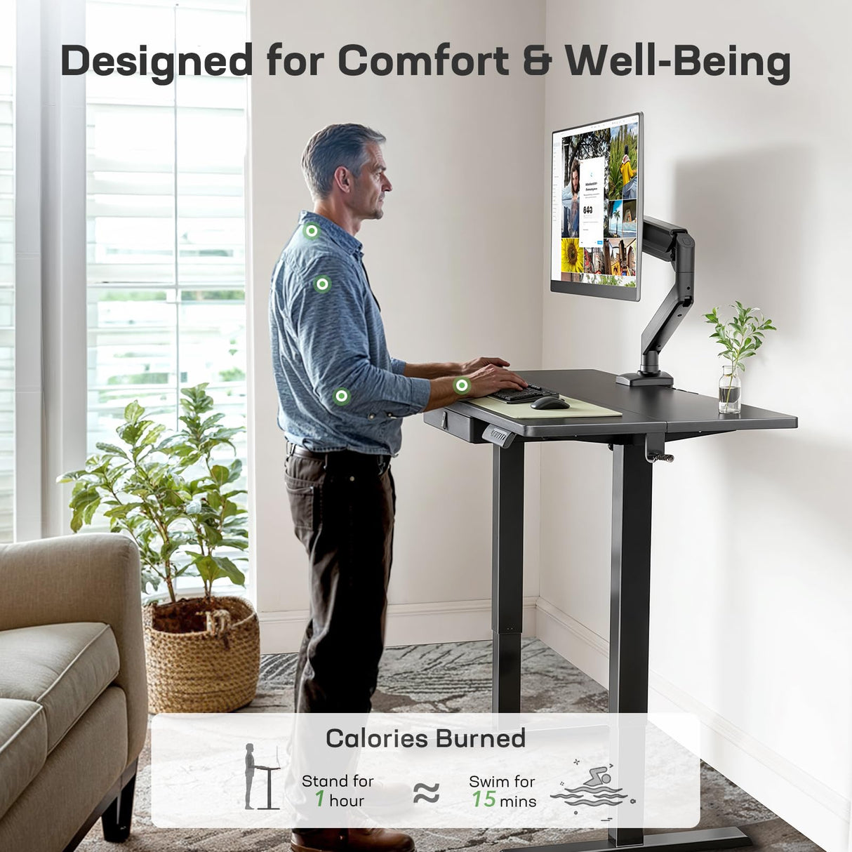 Marsail Electric Standing Desk with Drawer, 48 x 24 Electric Stand Up Desk, Ergonomic Adjustable Desk with Storage, Headphone/Bag Hooks, Computer Desk for Home & Office with Cable Management,Black Marsail