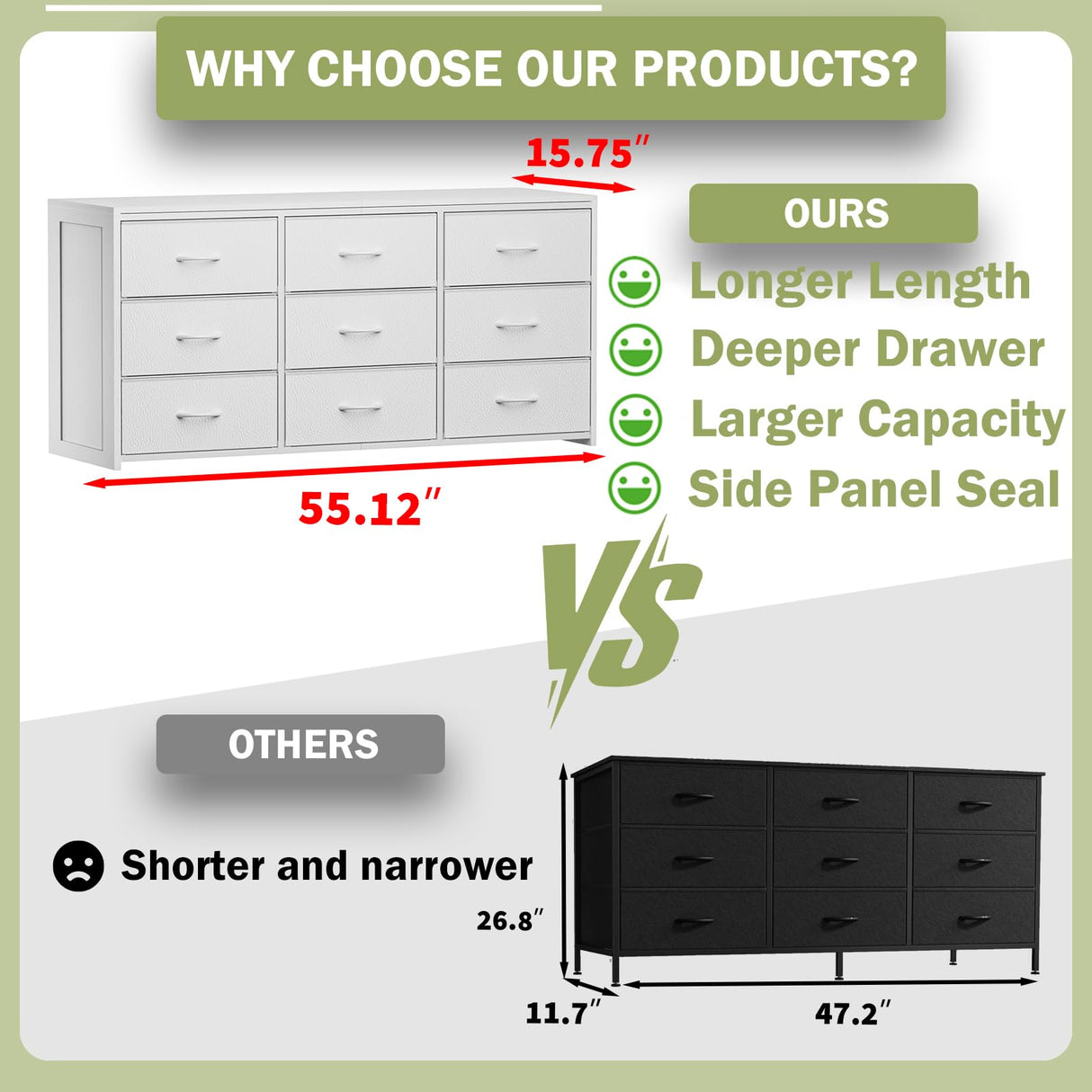 OURPIC Dresser for Bedroom with 9 Drawers, 55 Inch White Dresser TV Stand for 55, 60, 65 Inch TV, Wood Top and Side, Fabric Drawers, Storage, Dressers for Closet, Living Room, Hallway, Entryway OURPIC