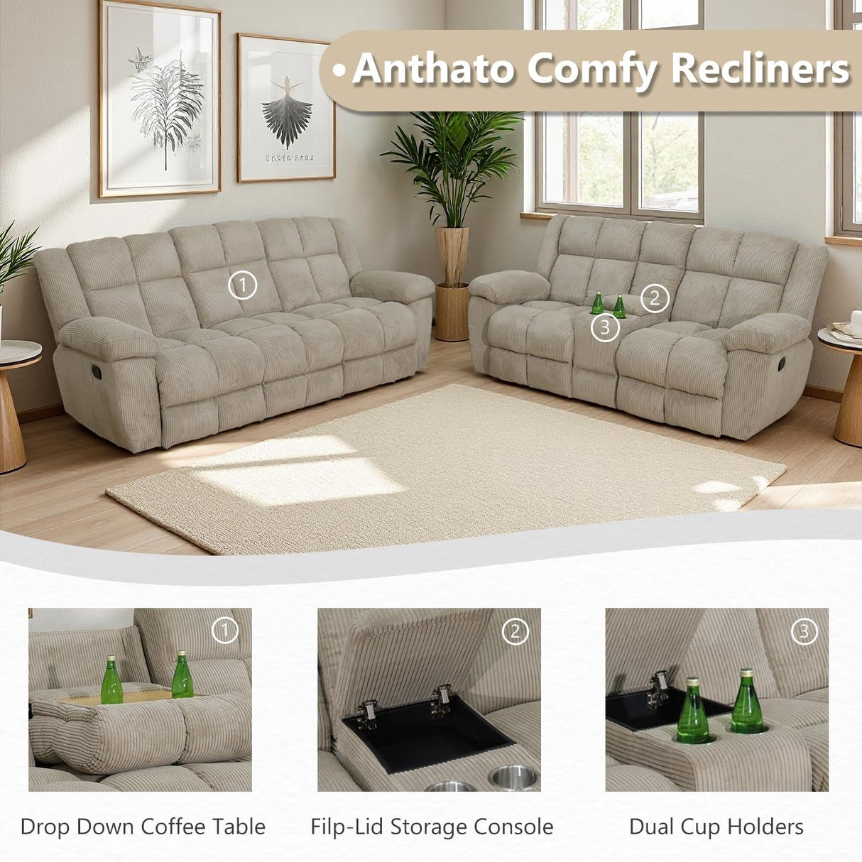 Anthato Corduroy Recliner Sofa Set, Manual Reclining Sofa Loveseat Chair Set with Cup Holders/Coffee Table, Comfy Fabric Recliner Couches, Living Room Furniture Sets for Home, Office (Beige, 3PCS Set) Anthato