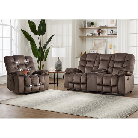 HAOMARKETS 2-Piece Recliner Sofa Set, Include Single Power Recliner Chair with Massage & Heat and Manual 2-Seater Loveseat Reclining Couch with Hidden Storage and Cup Holders for Living Room, Brown HAOMARKETS