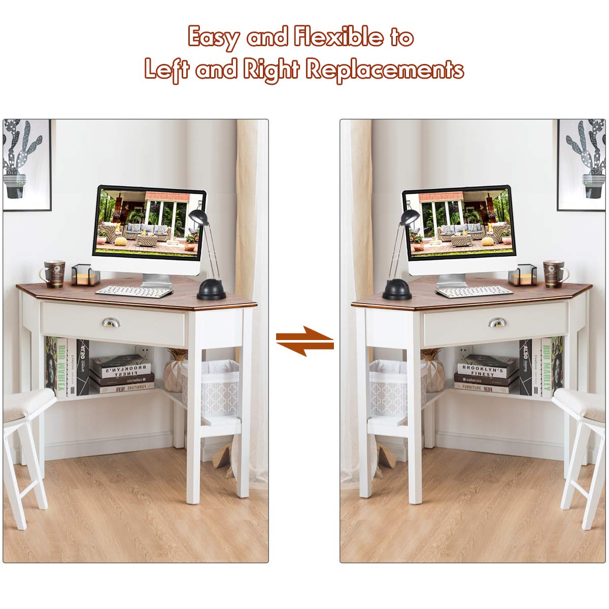 Tangkula Corner Desk, Corner Computer Desk with Drawer for Small Space, Small Corner Makeup Vanity Desk, 90 Degrees Triangle Corner Desk with Storage Shelves (Natural & White) Tangkula