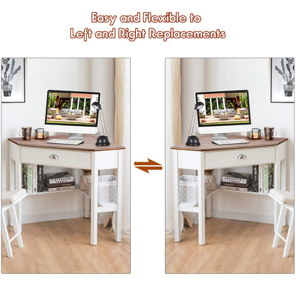 Tangkula Corner Desk, Corner Computer Desk with Drawer for Small Space, Small Corner Makeup Vanity Desk, 90 Degrees Triangle Corner Desk with Storage Shelves (Natural & White) - WoodArtSupply