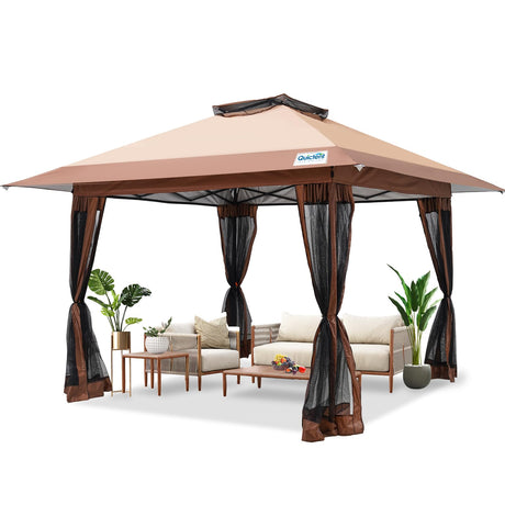 Quictent 13'x13' Pop up Gazebo Canopy Tent, One Person Set up Portable Instant Folding Shelter, Outdoor Canopy Tent with Extra Shade for Backyard, Patio, Party - Khaki Quictent