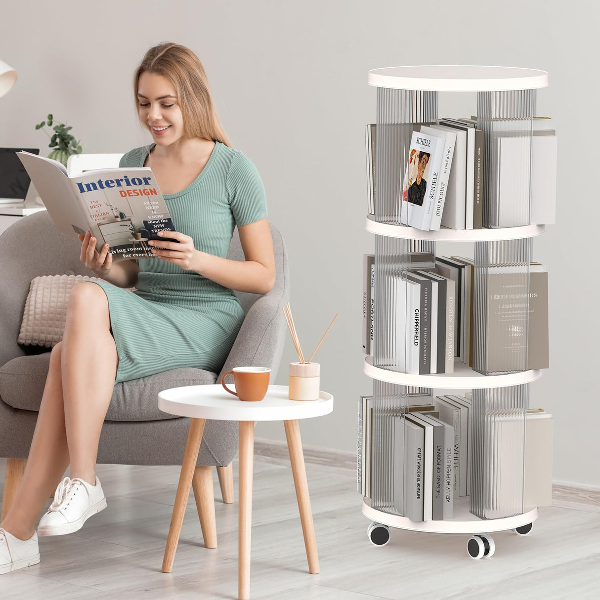 Rolling Bookshelf, 360°Display Spinning Rotating Revolving Bookshelf with Brake Wheels, 3 Tiers Moveable White Small Corner Bookcase Suitable for Bedrooms, Living Looms, Offices, and Study Rooms Leafpool