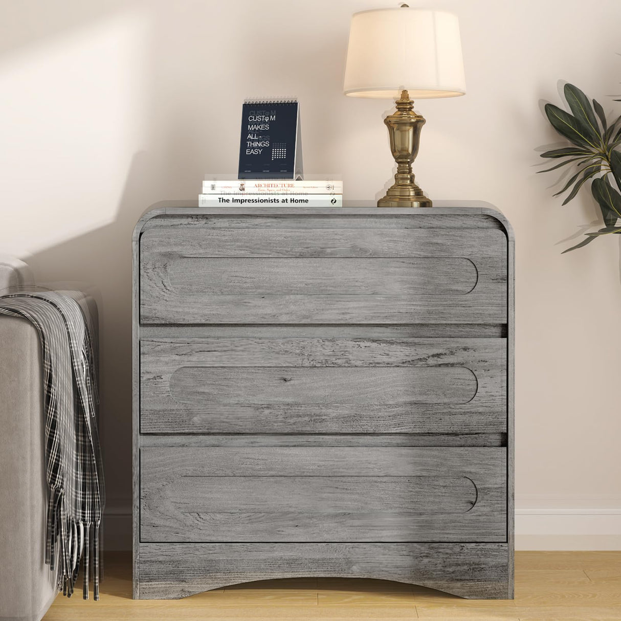 3 Drawer Dressers for Bedroom, 32" Wide Wood Storage Dresser & Chest of Drawers Organizer, Large Modern Dressers with 3 Drawer Storage Organizer for Bedroom Living Room Hallway Closet, Grey SOLACE FURNITURE