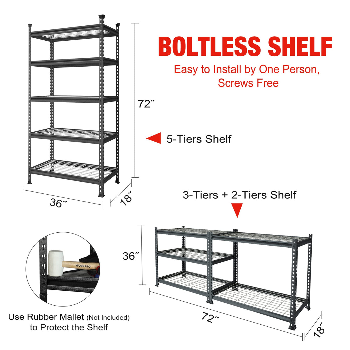 WORKPRO 5-Tier Metal Garage Shelving Unit, 36”W x 18”D x 72”H Storage Shelves, Adjustable Storage Rack Heavy Duty Shelf, 4000 lbs Load Capacity (Total), for Garage, Kitchen, Bathroom, Warehouse WORKPRO