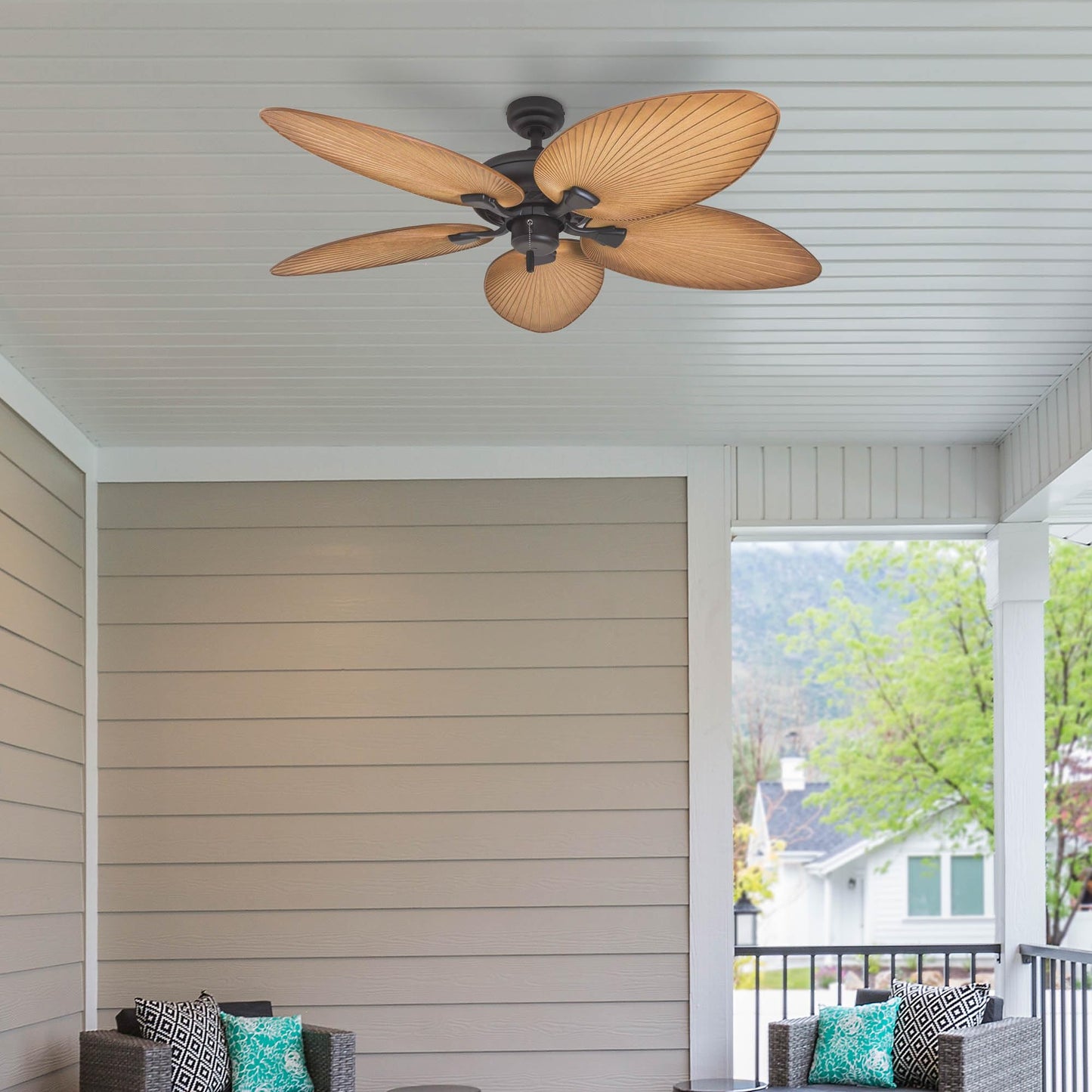 Honeywell Ceiling Fans Palm Island, 52 Inch Tropical Indoor Outdoor Ceiling Fan with No Light, Pull Chain, Three Mounting Options, 5 Palm Leaf Blades, Damp-Rated - 50505-01 (Bronze)