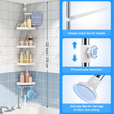 HAMITOR Corner Shower Caddy Tension Pole: Adjustable Stainless Steel Shower Organizer with 4 Tier Shelf for Bathroom Bathtub Tub Shampoo - Floor Standing Rack Bath Storage Holder with Rust Proof Rods HAMITOR