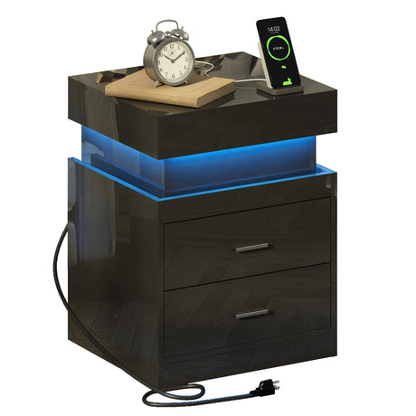 ChooChoo LED Nightstand with Charging Station,Smart Night Stand with Sliding Top Storage, 2-Drawers High Gloss Bedside Table, Modern End Table for Bedroom,Black ChooChoo