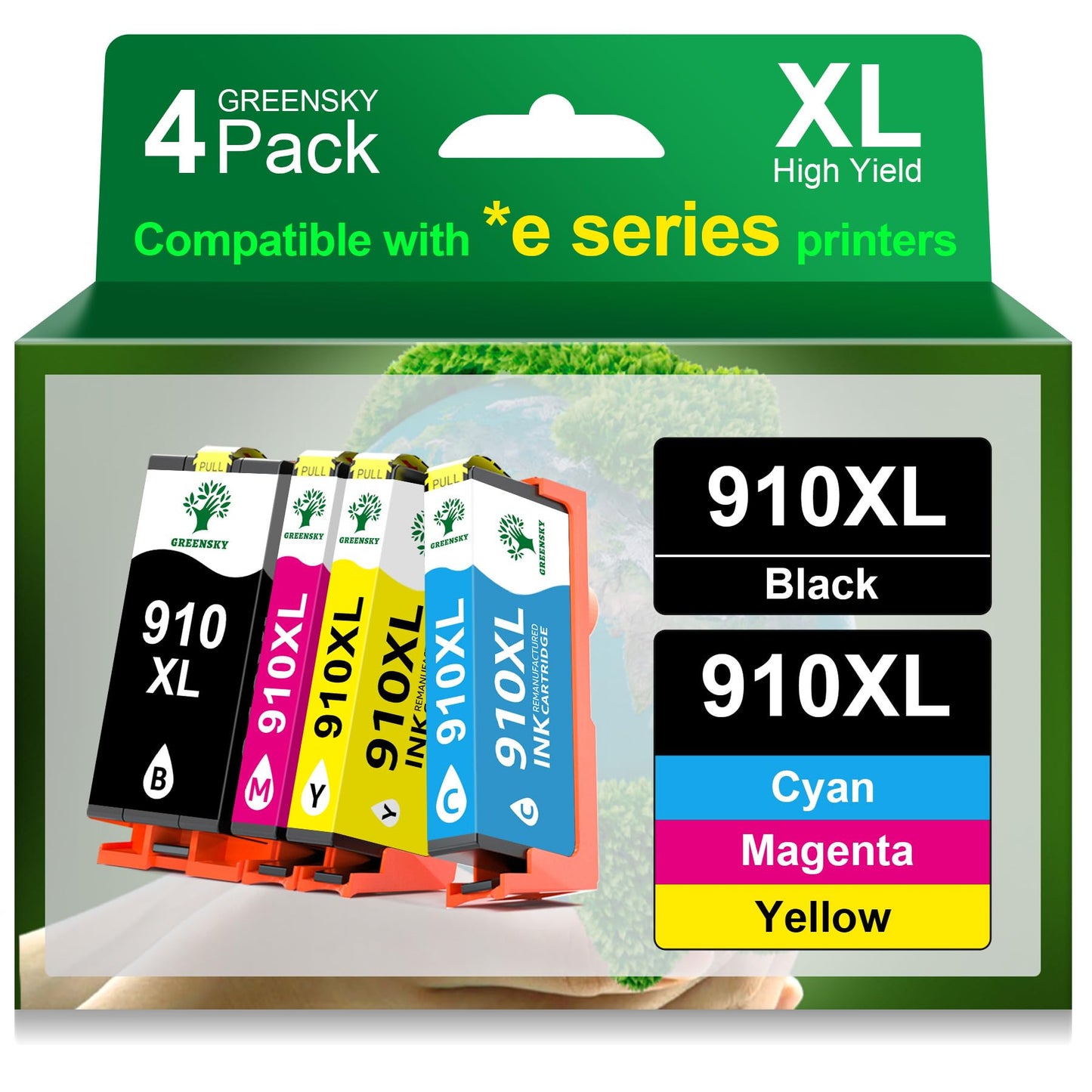 GREENSKY 910XL Ink Cartridges Replacement for HP 910xl Ink Cartridges Combo Pack with HP OfficeJet Pro 8025e 8015e 8022e 8028e 8035e 8025 8035 8020 8022 Printer (Black, Cyan, Magenta, Yellow)