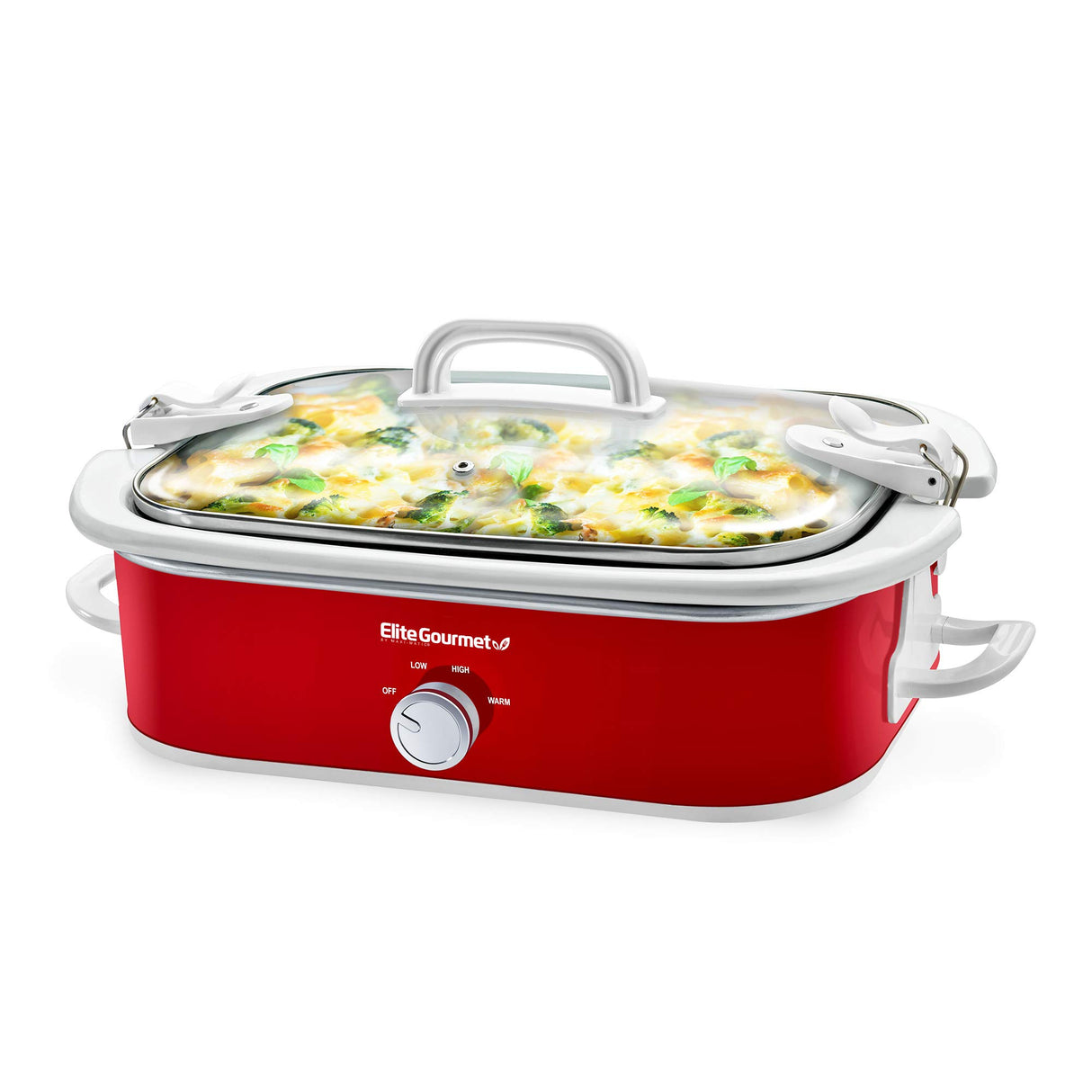 Elite Gourmet MST-5240 Casserole Crock Slow Cooker, Locking Lid Adjustable Temperature Keep Warm Oven & Dishwasher-Safe Casserole Pan, 3.5Qt Capacity, Red Elite Gourmet