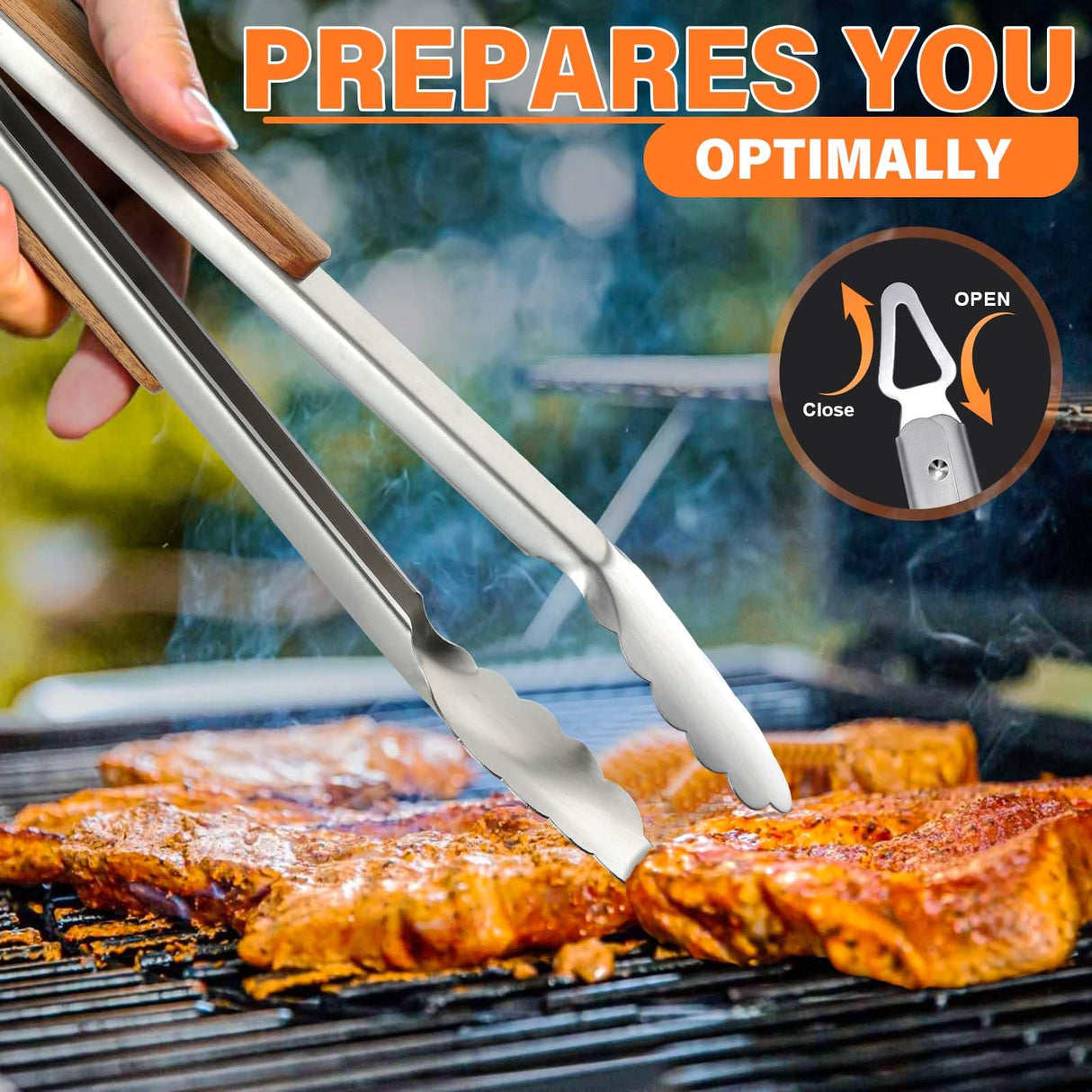 TIVOLI Grill Set 4PC BBQ Tools Set Grill Accessories with BBQ Spatula, BBQ Clips, Brushes, BBQ Forks Heavy Duty Grill Kit Grill Tools for Outdoor Grill with Wood Handles Gift Ideas for Dad Man TIVOLI