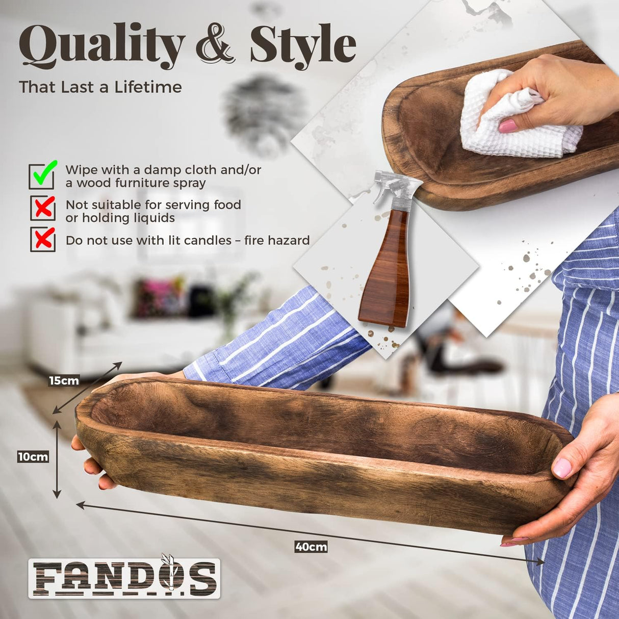 FANDOS Wooden Dough Bowl for Decor -17¾ in Long Dough Bowl Hand Carved Paulownia - Wood Bread Bowl for Decor - Rustic Decorative Long Wooden Bowl for Table Centerpiece FANDOS