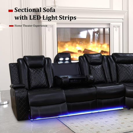 Ocstta Leather Power Recliner Sectional Sofa with LED, Power Reclining Sectional Couch, Breathing Leather Sofa Couch with USB Port&Cup Holder for Living Room (Living Room Set,Black) Ocstta