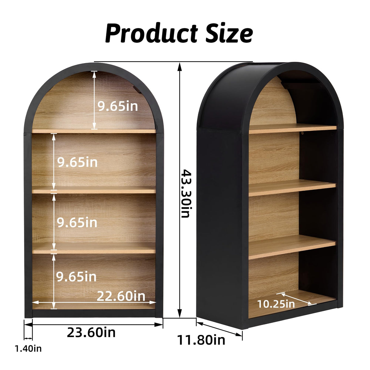 HIUU Black Arched Bookshelf,Modern Short Bookcase,Mid-Century Modern Curved Book Shelf,Arched Display Cabinet with Open Shelf for Bedroom, Living Room HIUU