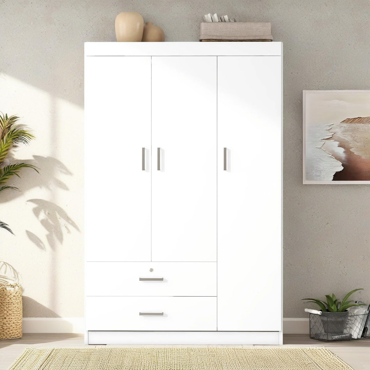 KELRIA Modern 3-Door Wardrobe with 2 Drawers, 3-Tier Storage-Cubes and Hanging Rail, Large Freestanding Armoire Wardrobe Closet, Clothes Storage Cabinet Organizer for Bedroom, White KELRIA