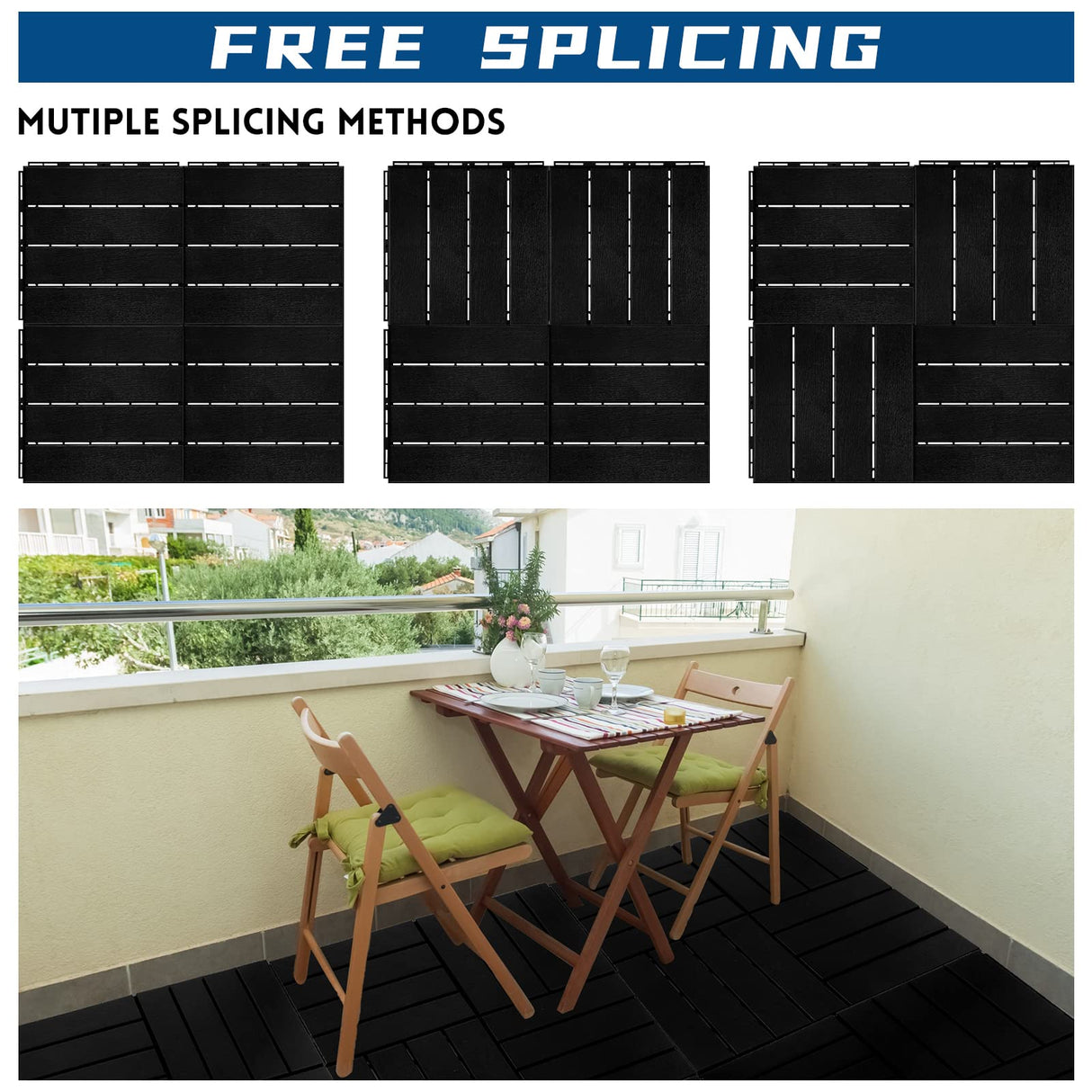 Treela 48 Pcs Plastic Interlocking Deck Tiles 12 x 12 Inch Patio Deck Tiles Waterproof Outdoor Flooring Composite Decking Boards Floor Decking Tiles for Porch Poolside Balcony Backyard (Black) Treela