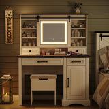 Diwnnue Farmhouse Makeup Vanity Desk with Sliding Mirror, Large Vanity Set with 3 Brightness Lights, Ample Storage, Antique White Diwnnue
