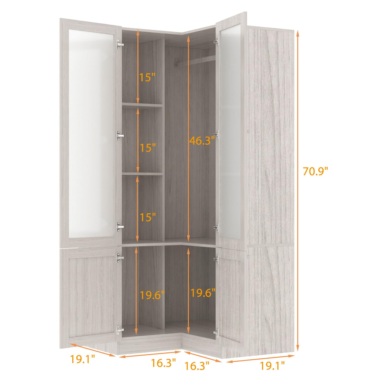Hitow Corner Wardrobe Cabinet, Wooden Armoire Closet with Frosted Glass Doors, Bedroom Wardrobe with Shelves & Hanging Rod for Storage Organize, Wood Grain (35.4" W x 35.4" D x 70.9" H) Hitow
