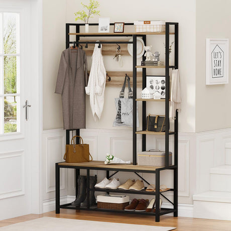 BON AUGURE Farmhouse Hall Tree for Entryway, Mudroom Bench with Shoe Storage, Large Coat Rack Shoe Bench with 5 Tier Open Shelves, Adjustable Side Hooks and Hanging Rod for Foyer (Vintage Oak) BON AUGURE