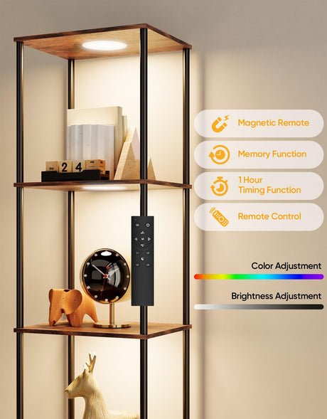 Display Shelf with RGBCW Light, Color Changing Curio Cabinet Floor Lamp with Shelves Corner Standing Column Lamp Etagere Organizer Tower Nightstand Bookcase for Living Room Bedroom Office Décor, Brown PARTPHONER