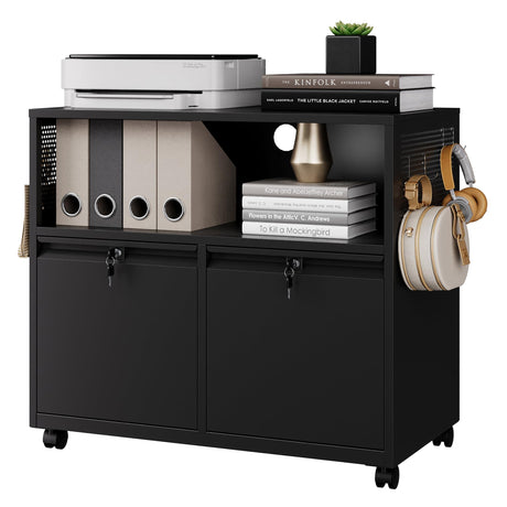 Letaya Mobile 2 Drawer File Cabinet with Lock, Metal Lateral Printer Stand Filing Storage Cabinets with Shelves for Home Office-A4/F4/Letter (Black) Letaya