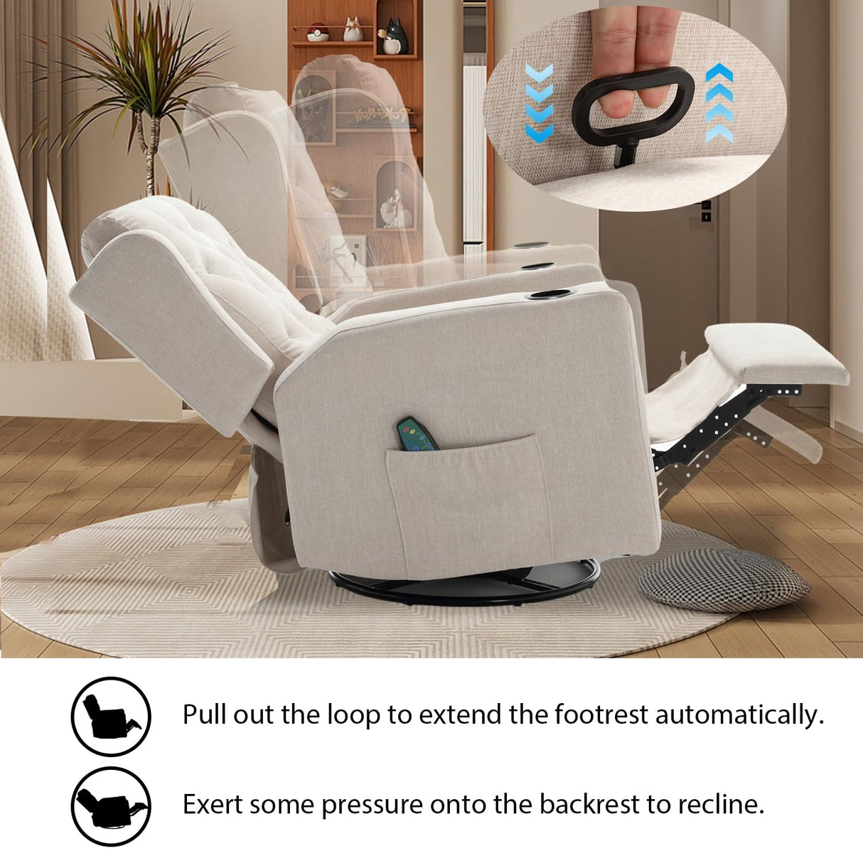 Comermax Oversized Massage Recliner Chair Swivel Rocker Recliner for Adult, Wide Seat Fabric Reclining Chair, Manual Recliner Chair with Cup Holder, Glider Rocking Chair for Nursery, Beige Comermax