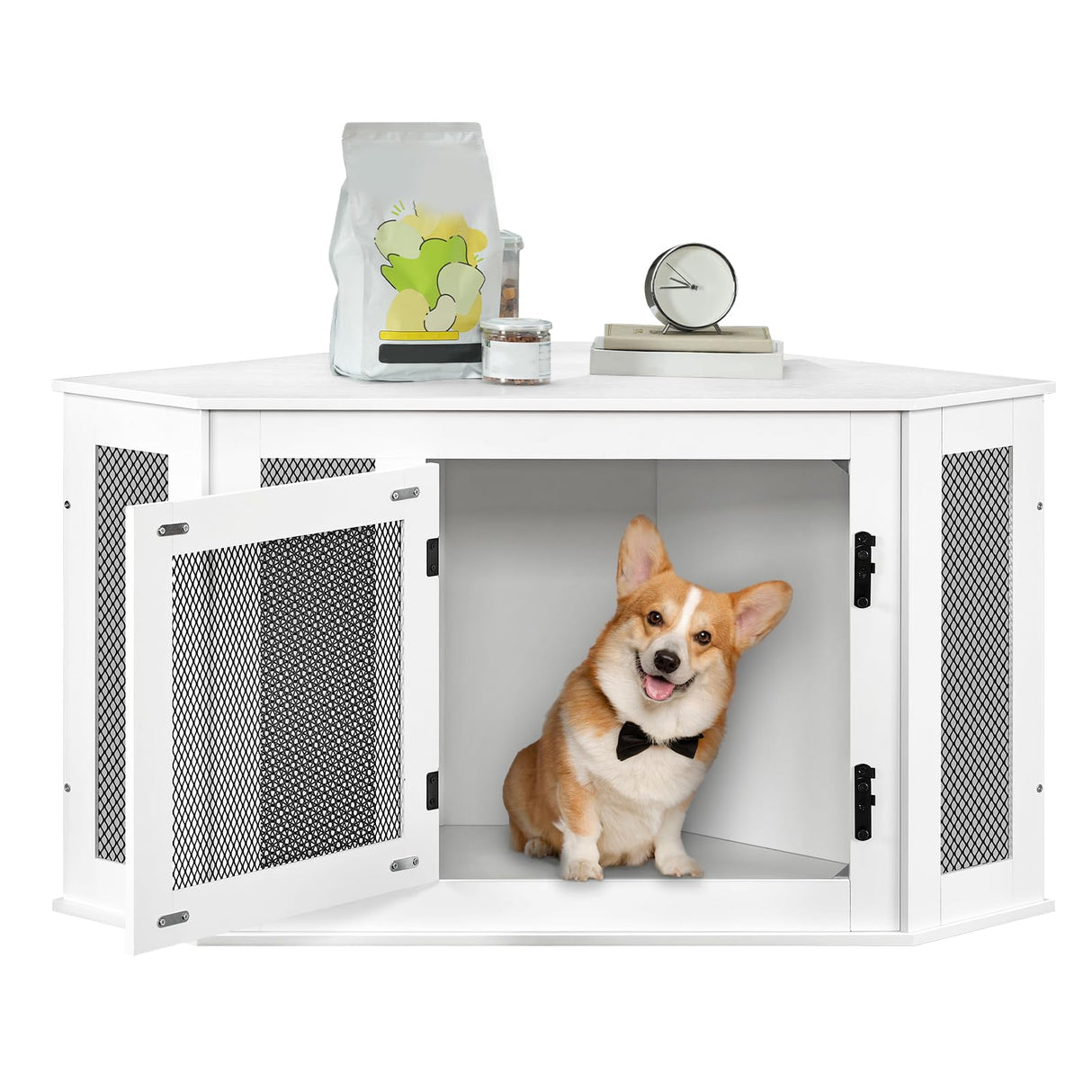 MAHANCRIS Corner Dog Crate Furniture, Wooden Dog Kennel End Table, Decorative Pet Crate Indoor Use, Furniture Style Dog House for Small Medium Dog, Dog Cage TV Stand, White and Black DCWT0801 MAHANCRIS