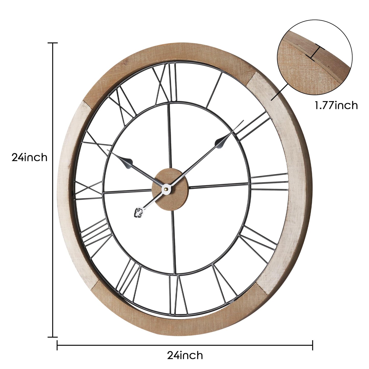 Wall Clock for Living Room Decor, 24'' Big Wall Clock for Office, Rustic Wall Clock Battery Operated, Distressed White Roman Numeral Clock, Round, Wood Wall Clock - WoodArtSupply