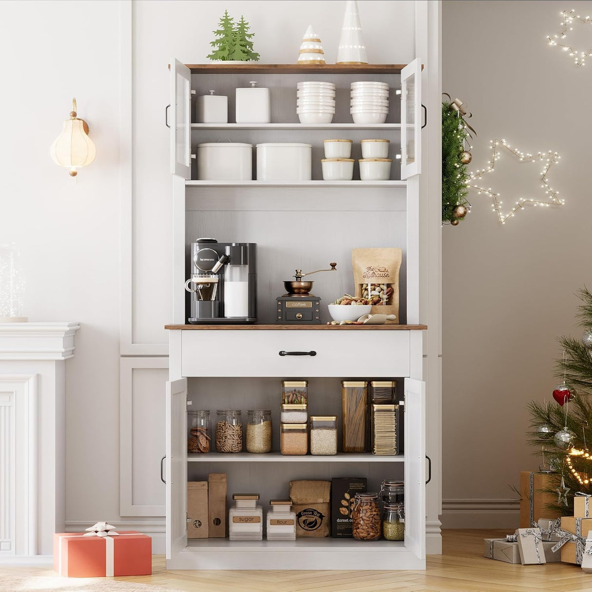 GarveeHome Kitchen Pantry Cabinet, 71" Tall Kitchen Hutch Storage Pantry with Microwave Stand, Freestanding Buffet with Shelves and Glass Doors for Home Dining Room, White GarveeHome