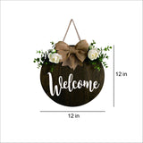 MayAvenue Welcome Wreaths Decor Sign Front Door, Round Wood Hanging Sign with Ribbon Bow and Artificial Green Leaves, Farmhouse Porch Decorations for Home Thanksgiving, Brown DOFAFALA