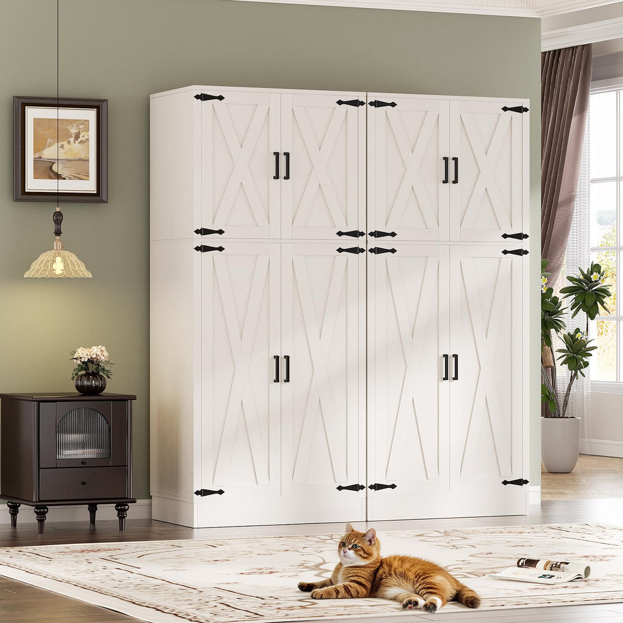 Unikito 71'' Farmhouse Wardrobe Closet with Hanging Rod, 4 Barn Door Clothing Storage Cabinet with Adjustable Shelves, Freestanding Wardrobe Cabinet for Bedroom, Living Room, Cloak Room, Office, White Unikito