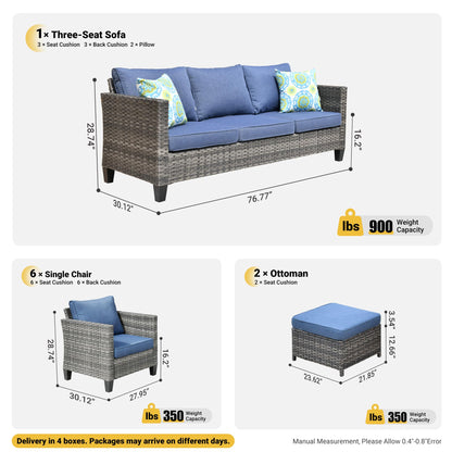 ovios Patio Furniture Set, 9 Pieces Outdoor Wicker Rattan Sofa Couch with 6 Chairs, Ottomans and Comfy Cushions, All Weather High Back Conversation Set Garden Backyard, Denim Blue - WoodArtSupply