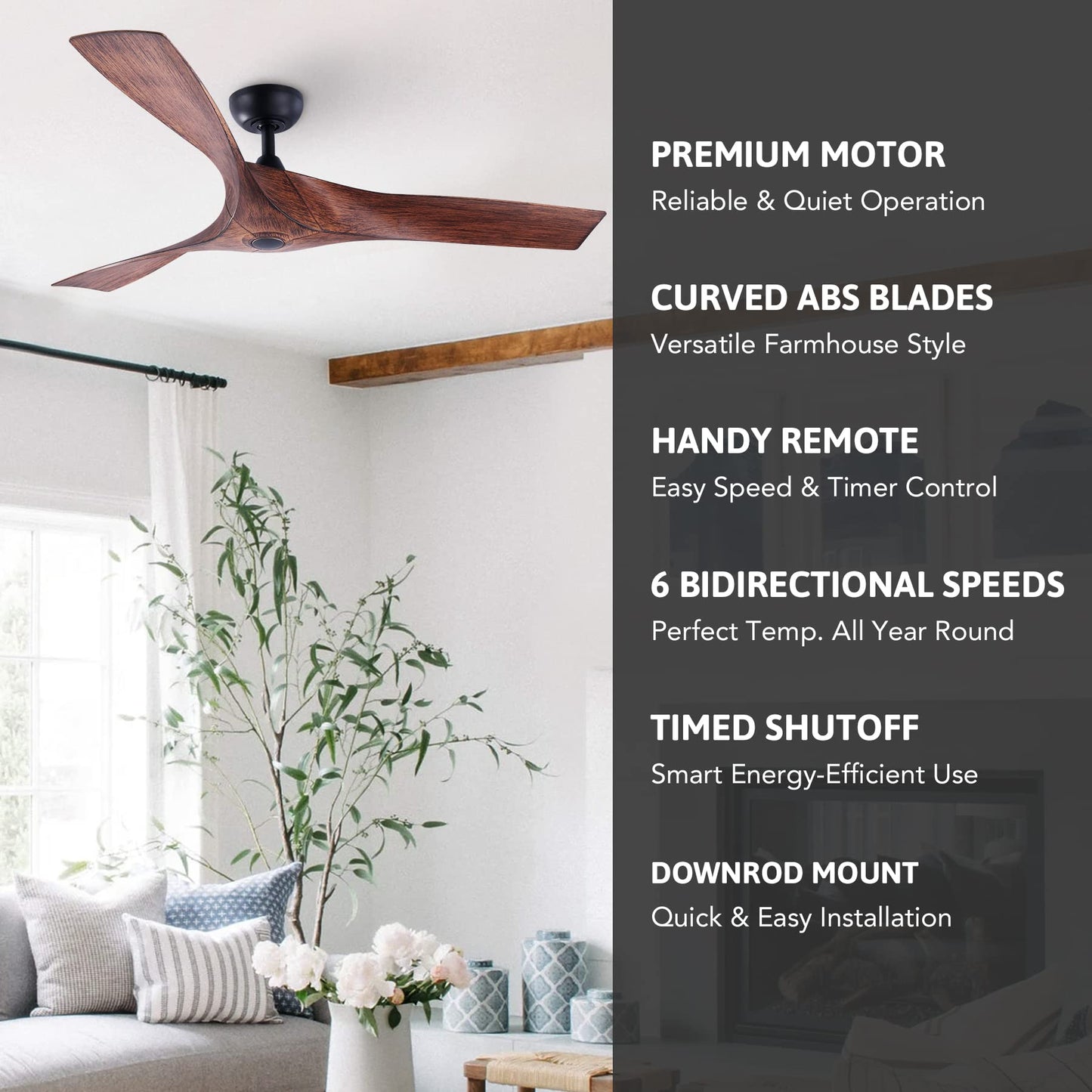 VONLUCE 52" Industrial Ceiling Fan No Light with Remote Control, Mid Century Ceiling Fans with 3 Walnut ABS Blades DC Motor, Indoor Ceiling Fan for Kitchen Bedroom Living Room, Walnut - WoodArtSupply