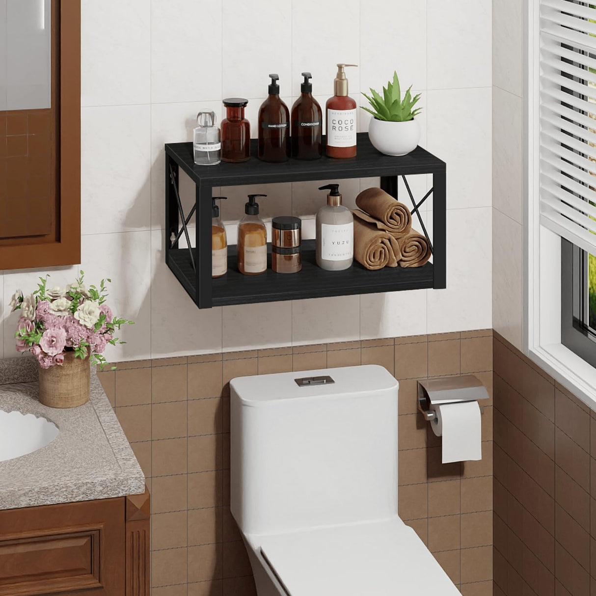 Homode Floating Nightstand, 2 Tier Wall Mounted Nightstand with Cable Hole, Wooden Floating Bedside Table, Bedside Wall Shelf for Bedroom Bathroom Living Room Kitchen Office, Black Homode