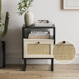 Masupu Boho Night Stand, Small Rattan Side Table, Wood Nightstand with Drawer and White Oak Shelf, Bedside Table, End Table for Bedroom,Living Room,Office (Black Frame) Masupu
