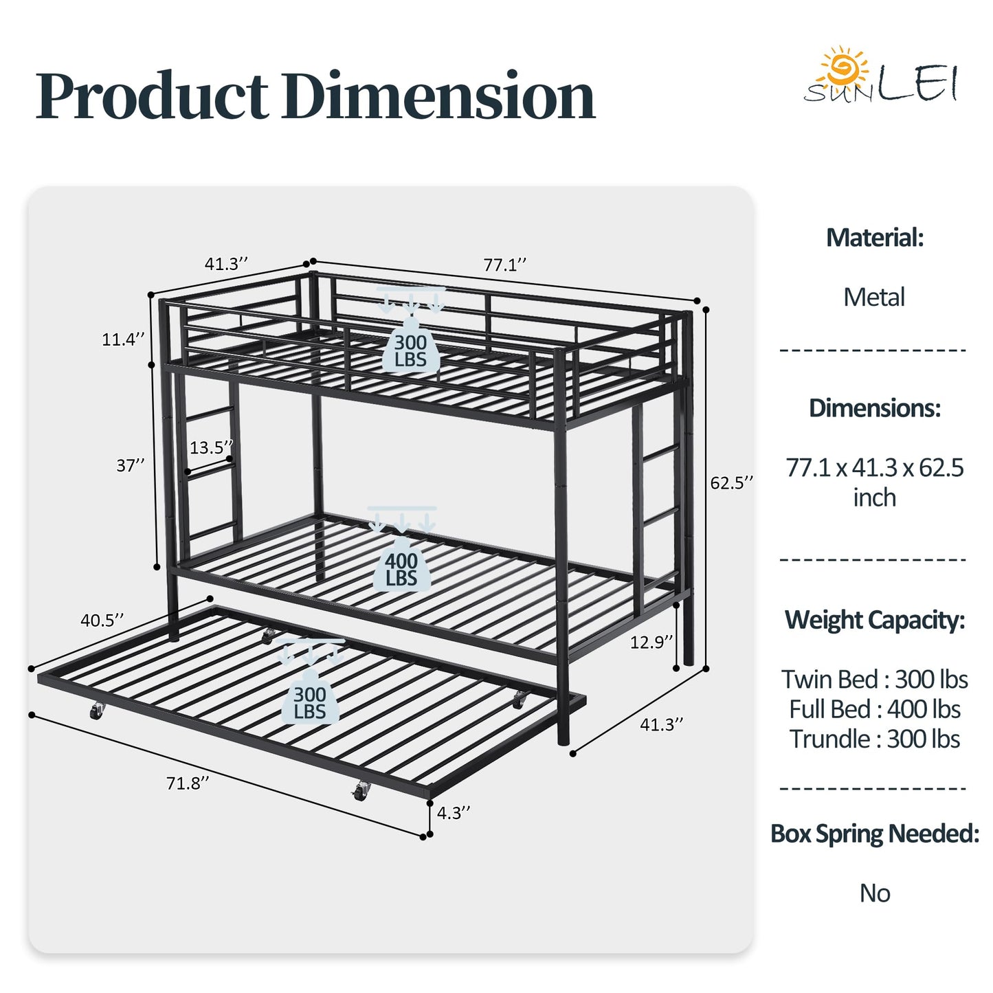 SUNLEI Metal Loft Bed with 2 Secured Ladders, Bunk Bed Twin Over Full with Trundle, Trundle Bed Twin Safety Guard, Space-Saving, Noise Free for Small Bedroom, Black (Modern w/Trundle, Twin Over Twin)