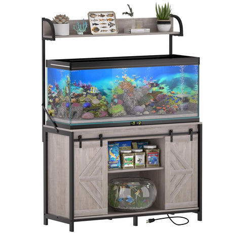 SYESWAY 55-75 Gallon Fish Tank Stand with Power Outlets, Heavy Duty Metal Frame Aquarium Stand with Barn Door, Turtle Reptile Terrariums Stand, 1000LBS Capacity, Grey SYESWAY
