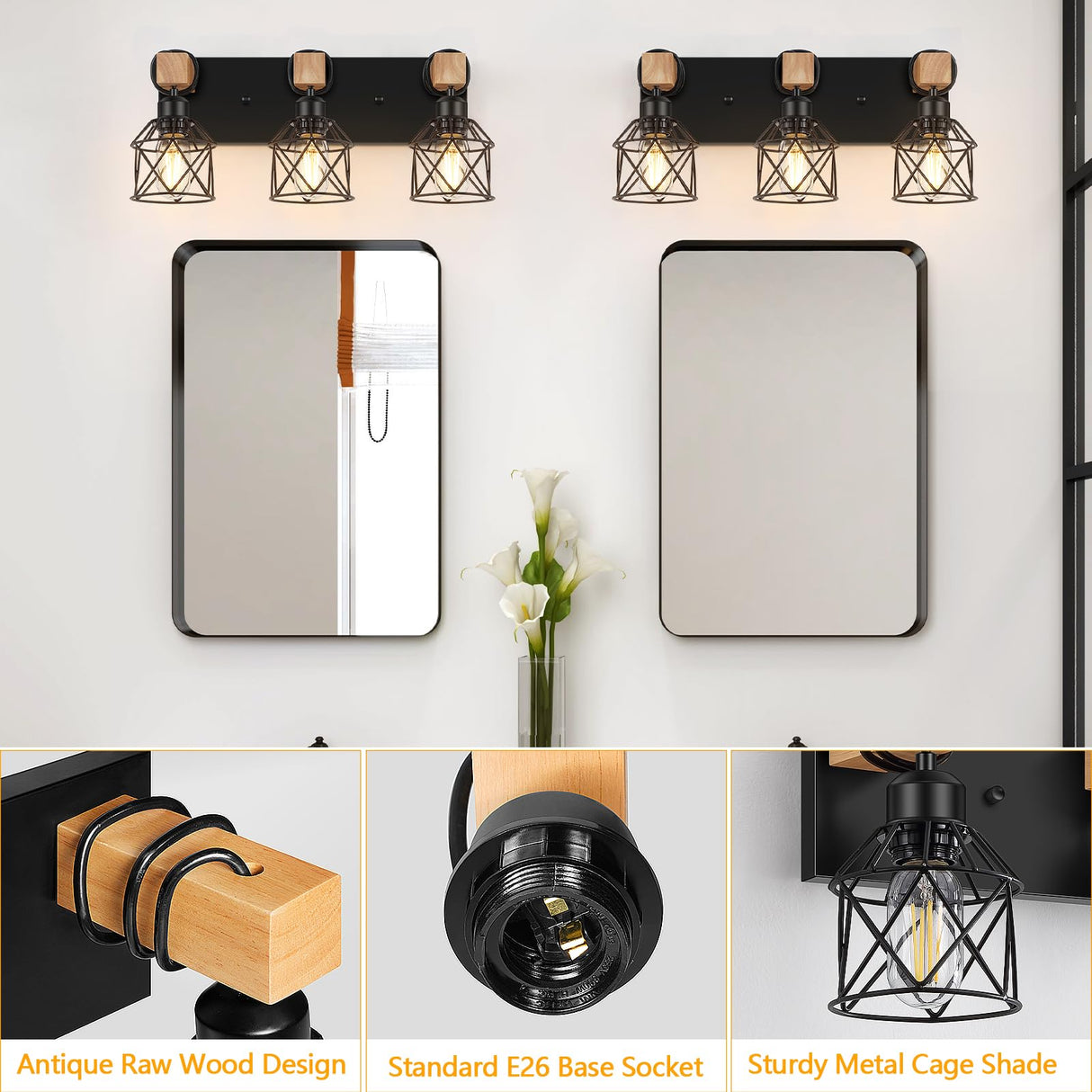 FadimiKoo 3-Light Farmhouse Vanity Light for Bathroom, Wood Bathroom Light Fixtures Over Mirror, Industrial Black Vanity Light with Metal Lampshade for Bedroom Hallway Living Room FadimiKoo