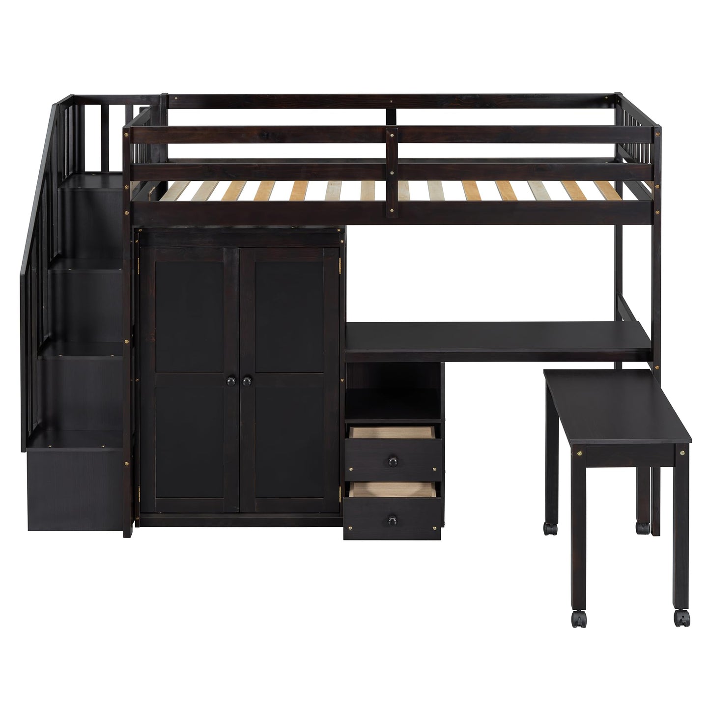 Harper & Bright Designs Twin Size Loft Bed with Stairs and Bookshelf, Wood Twin Storage Bed with Desk & Wardrobe, Space-Saving Multifunctional Furniture for Kids & Teens - Espresso