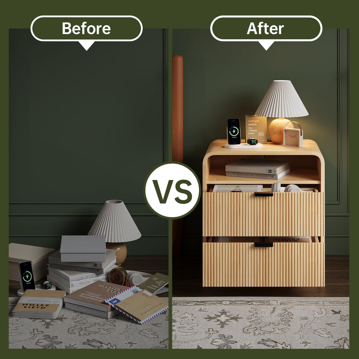 FURSUN 24" Fluted Nightstand with Charging Station, Wooden End Table with 2 Drawers Storage, Curved Profile Design, Modern Bedside Cabinet for Bedroom Living Room, Natural Oak FURSUN