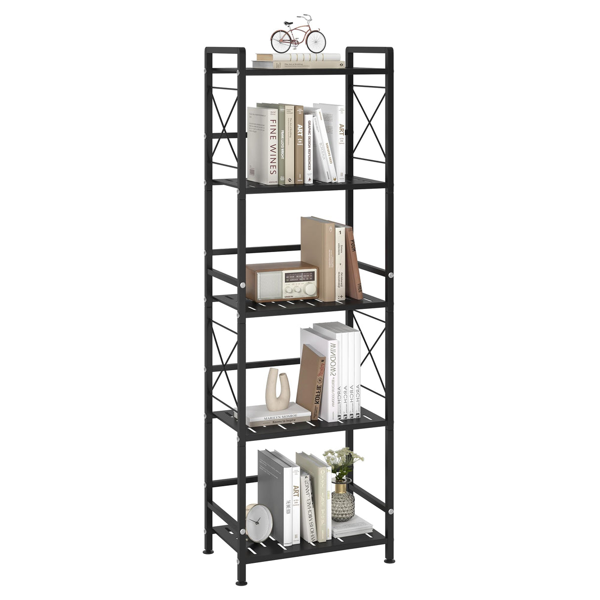 JSB 5 Tier Metal Bookshelf Bathroom Storage Standing Shelf Unit Kitchen Storage Organizer Display Rack Bookcases Shelves for Living Room, Bedroom, Office (Widen Black, 5 Tier) JSB