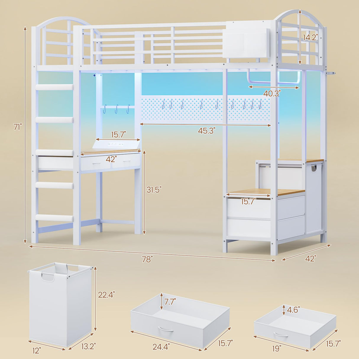 UPOSOJA Loft Bed Twin Size with Desk,4 Drawers,Power Outlet and LED Lighted,Cloth Rack,1 Storage Hamper,45.3" Pegboard with Hooks,No Box Spring Needed,Space-Saving,Noise Free (White) UPOSOJA