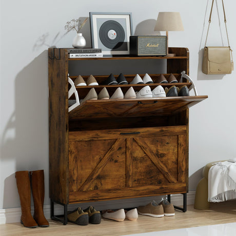 Urban Deco Wooden Shoe Storage Cabinet for Entryway, Organizer Shoe Cabinet with 2 Flip Drawers, Elegant 2 Tier Freestanding Shoe Organizer (Rustic Brown) Urban Deco