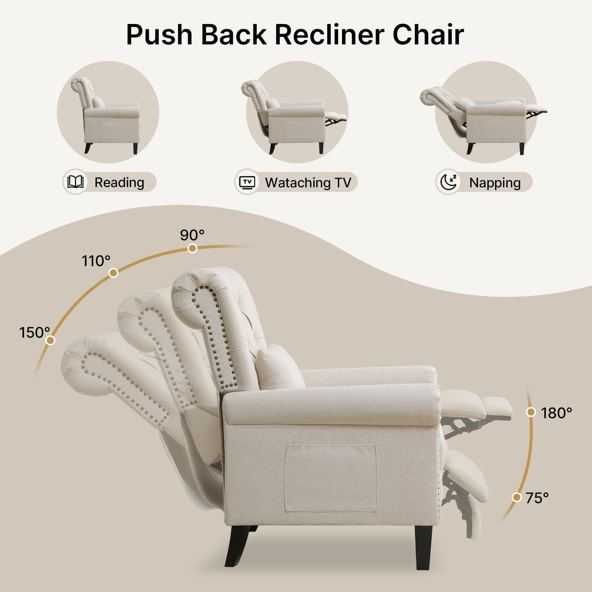 choairy Pushback Recliner Chair, Accent Push Back Chair Set of 2 with Adjustable Footrest Wingback, Upholstered Linen Reclining Sofa with Side Pocket, Comfy Modern Armchair for Living Room, Khaki choairy