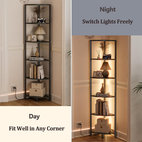 Furnulem 6 Tier LED Corner Shelf - 67.5” Tall Black Oak Storage and Display Unit Furnulem